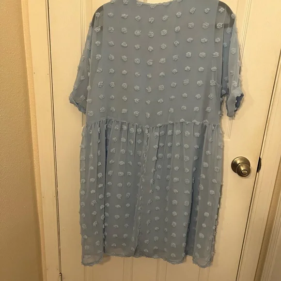 NWOT KIRUNDO Light Blue Textured V-Neck Babydoll Dress - Picture 4 of 7